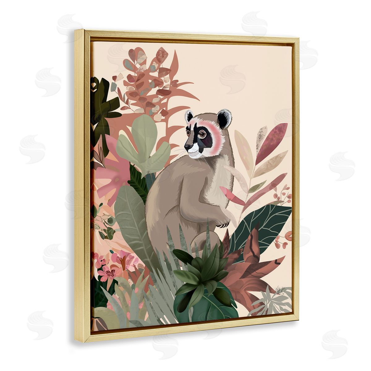 Lemur and Tropical Plants Gold Floating Frame Canvas Wall Art, Home Decor by Fab Funky