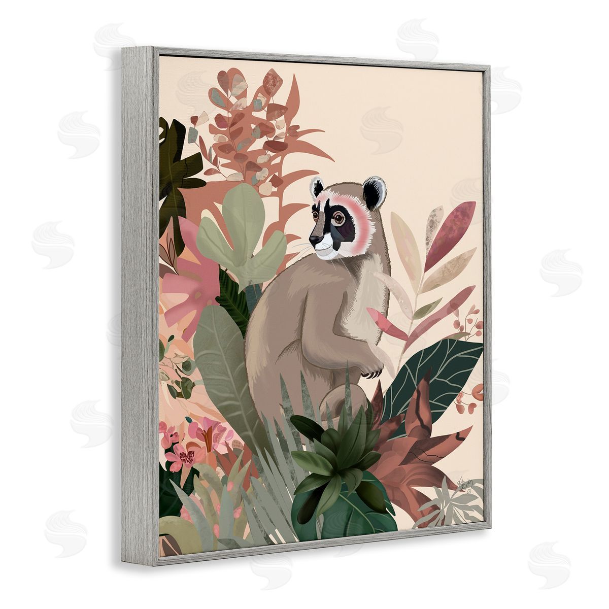 Lemur and Tropical Plants Grey Frame Print Wall Art, Home Decor by Fab Funky