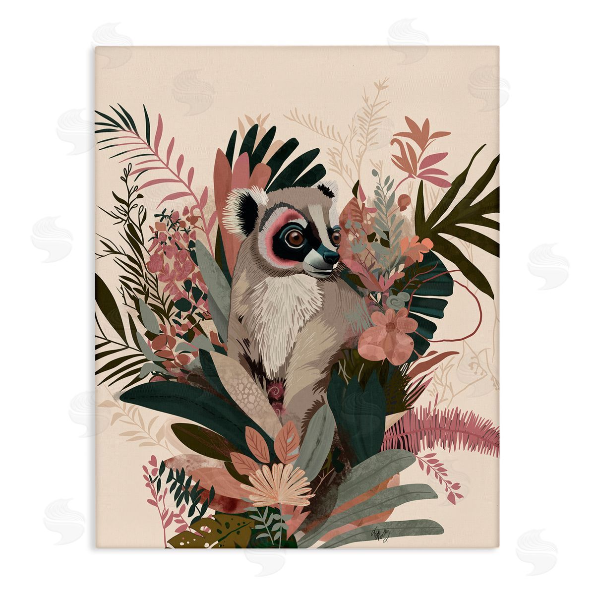 Lemur with Hibiscus Plants Canvas Wall Art, Home Decor by Fab Funky