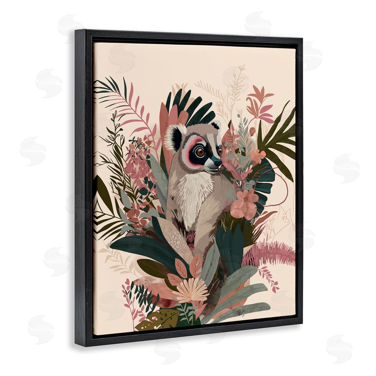 Lemur with Hibiscus Plants Black Floating Frame Canvas Wall Art, Home Decor by Fab Funky