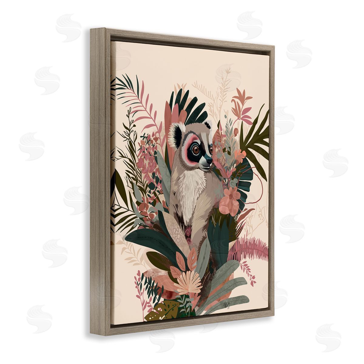 Lemur with Hibiscus Plants Brown Floating Frame Canvas Wall Art, Home Decor by Fab Funky