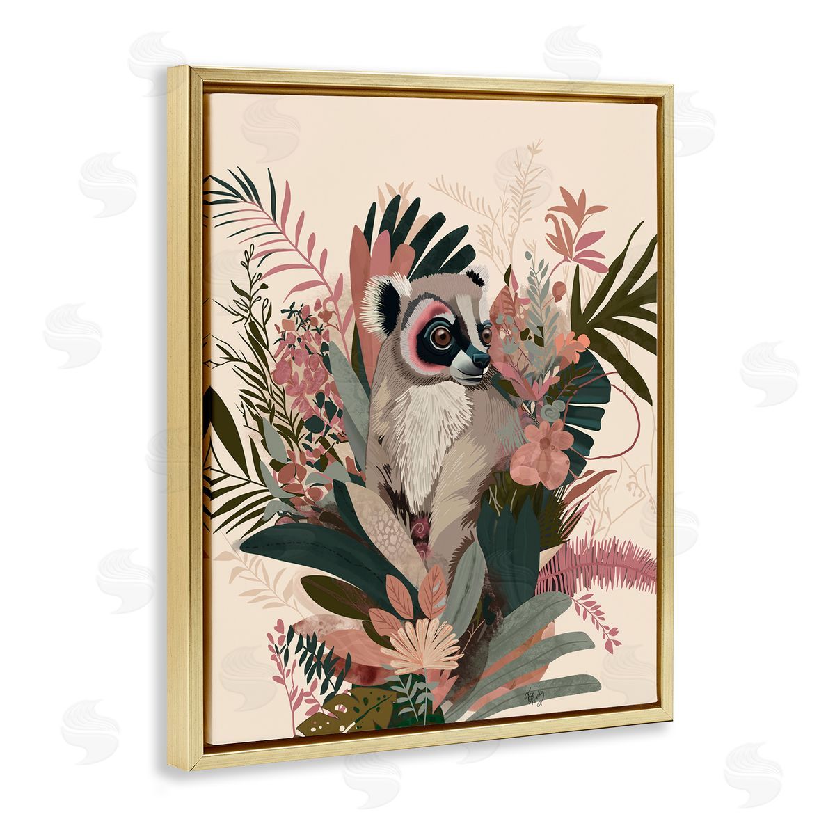 Lemur with Hibiscus Plants Gold Floating Frame Canvas Wall Art, Home Decor by Fab Funky