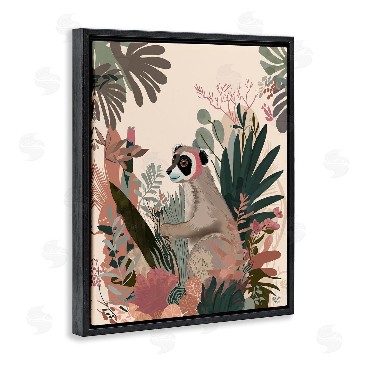 Happy Lemur and Plants Black Floating Frame Canvas Wall Art, Home Decor by Fab Funky