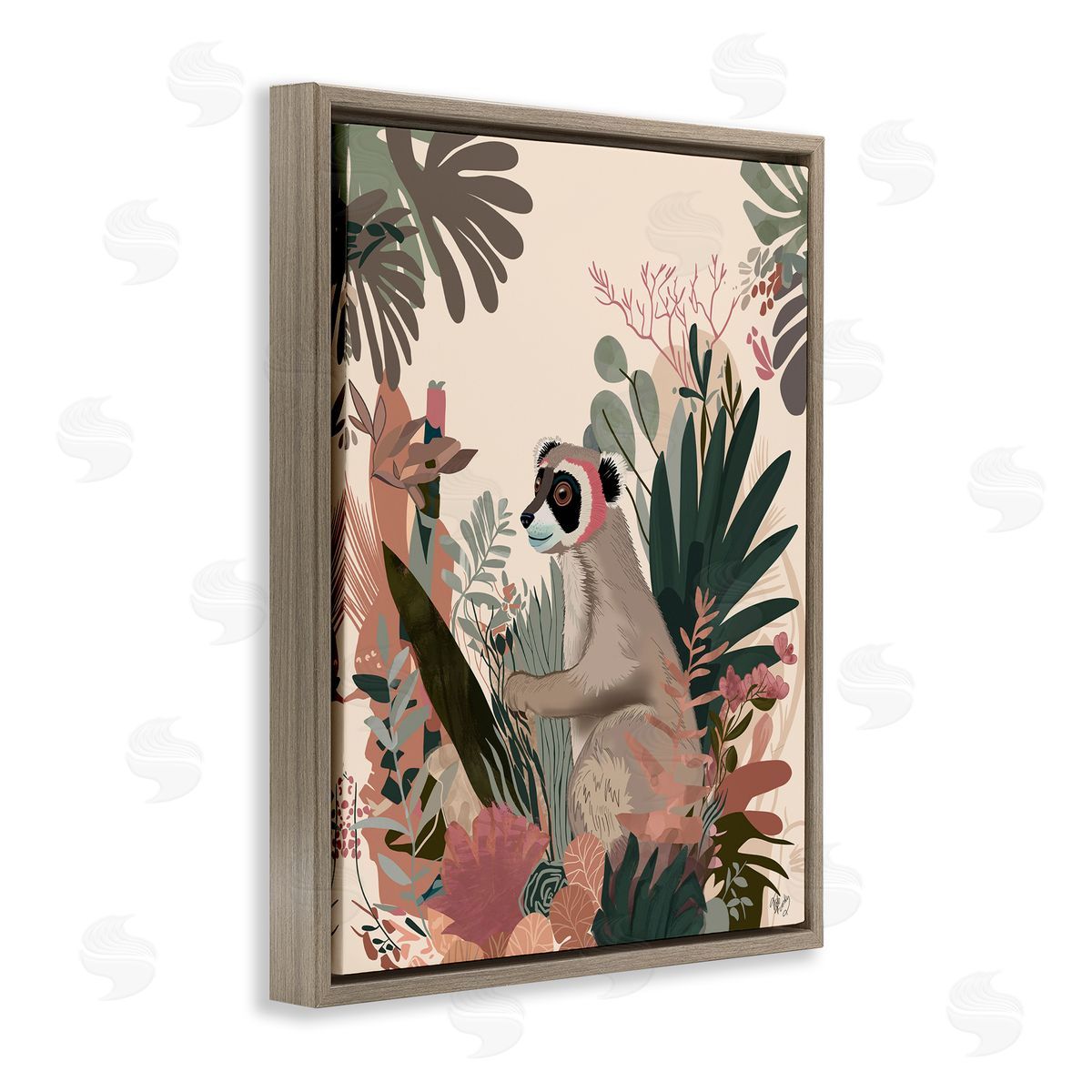 Happy Lemur and Plants Brown Floating Frame Canvas Wall Art, Home Decor by Fab Funky