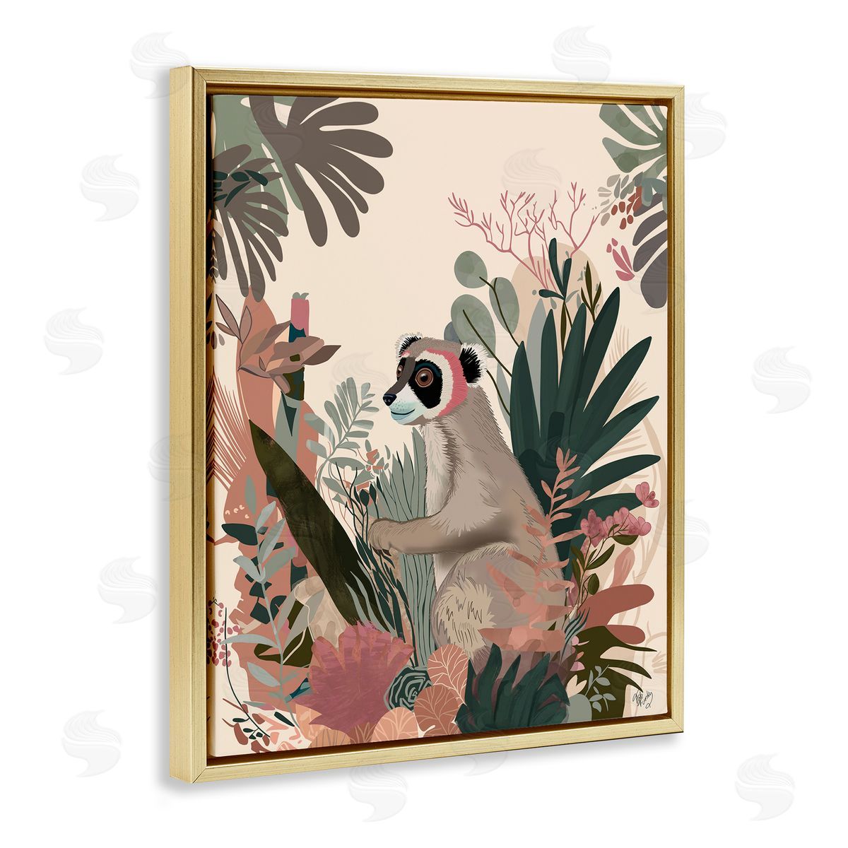 Happy Lemur and Plants Gold Floating Frame Canvas Wall Art, Home Decor by Fab Funky