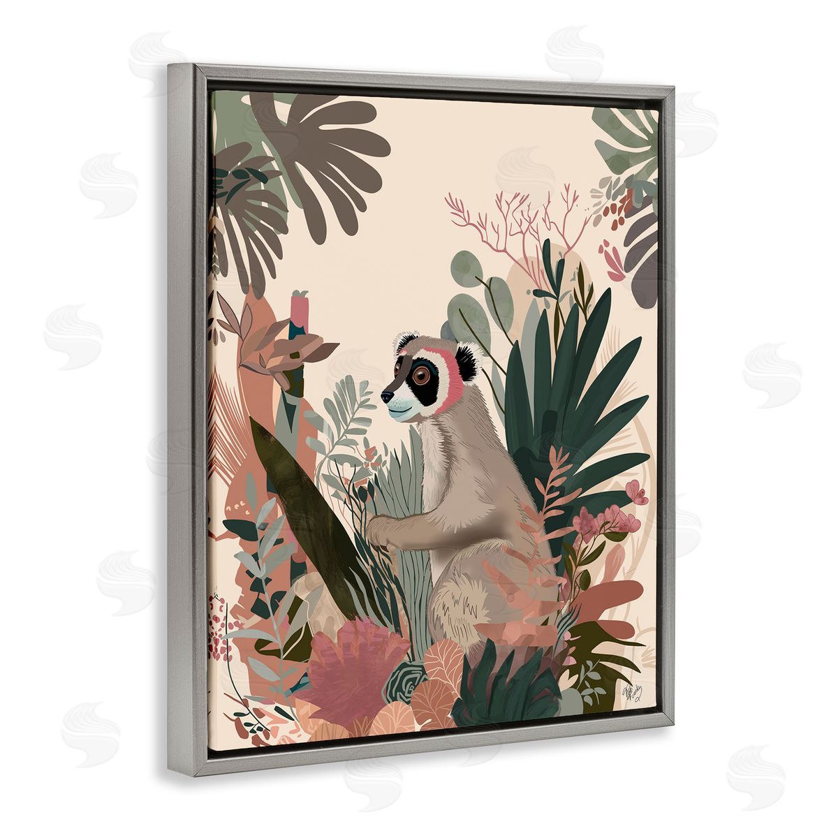 Happy Lemur and Plants Grey Floating Frame Canvas Wall Art, Home Decor by Fab Funky