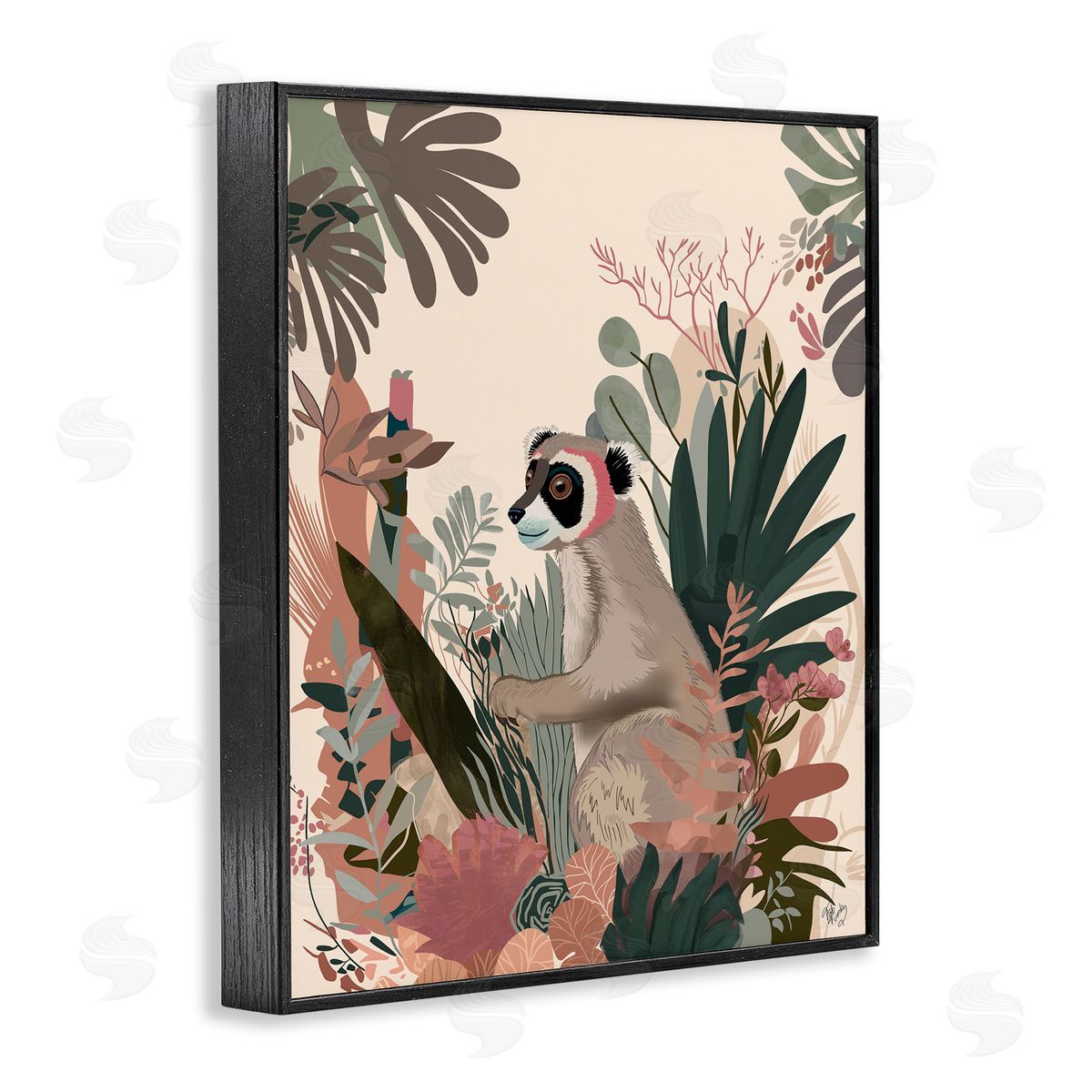 Happy Lemur and Plants Black Frame Print Wall Art, Home Decor by Fab Funky