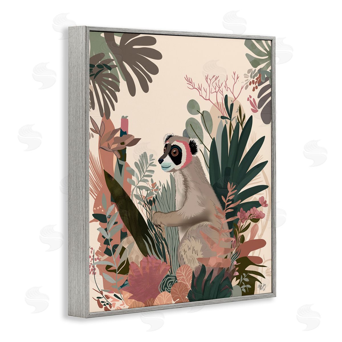 Happy Lemur and Plants Grey Frame Print Wall Art, Home Decor by Fab Funky