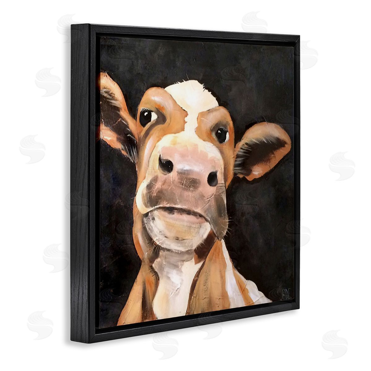 Country Cow on Black Black Floating Frame Canvas Wall Art, Home Decor by Jade Reynolds