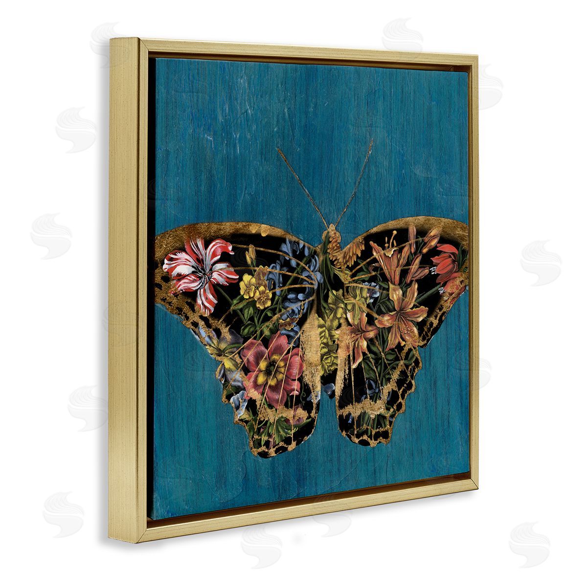 Butterfly with Floral Wings Gold Floating Frame Canvas Wall Art, Home Decor by Naomi McCavitt