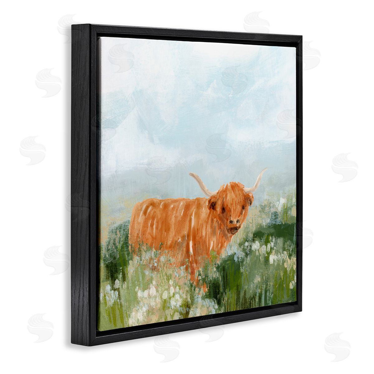 Longhorn Cattle Country Field Black Floating Frame Canvas Wall Art, Home Decor by June Erica Vess