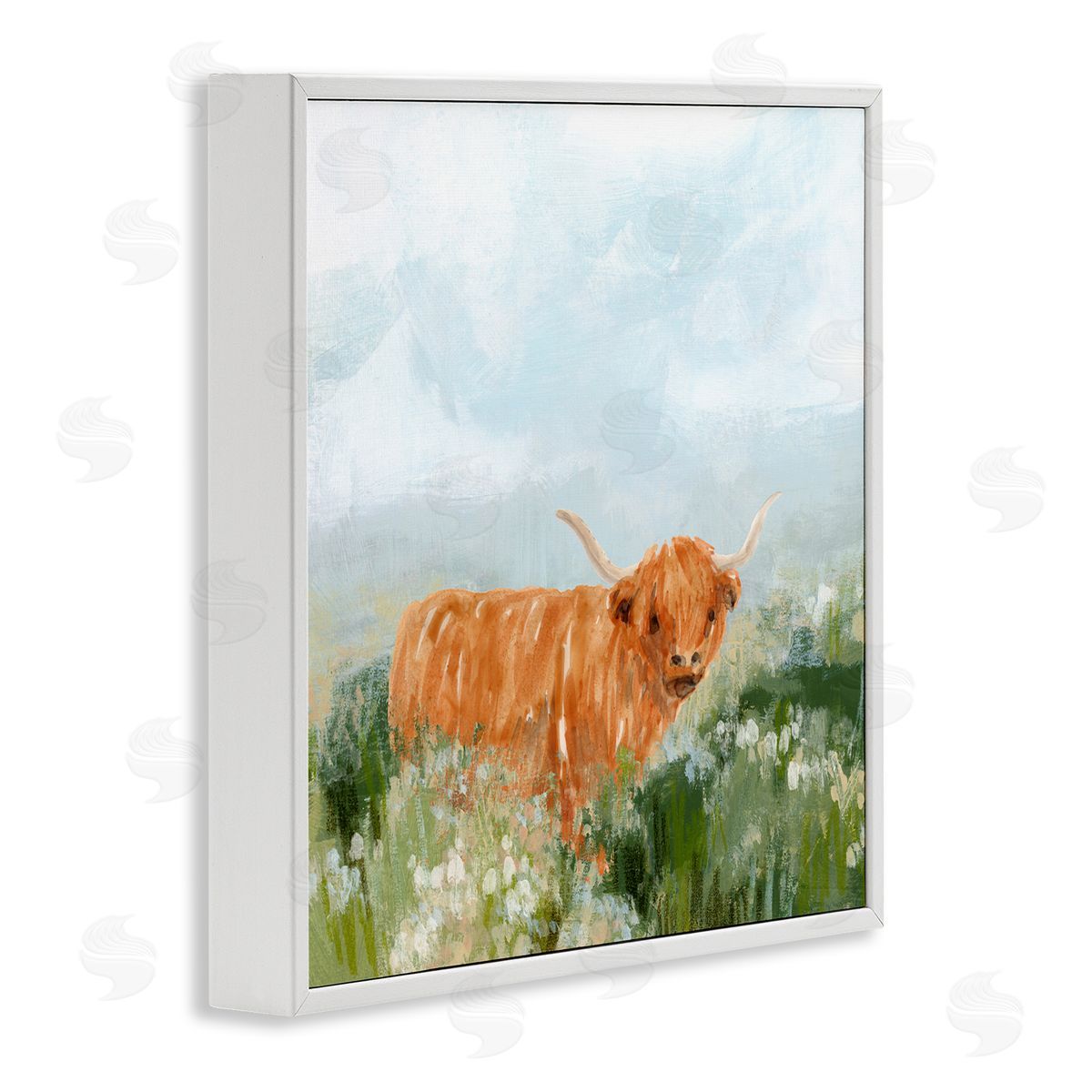 Longhorn Cattle Country Field White Frame Print Wall Art, Home Decor by June Erica Vess