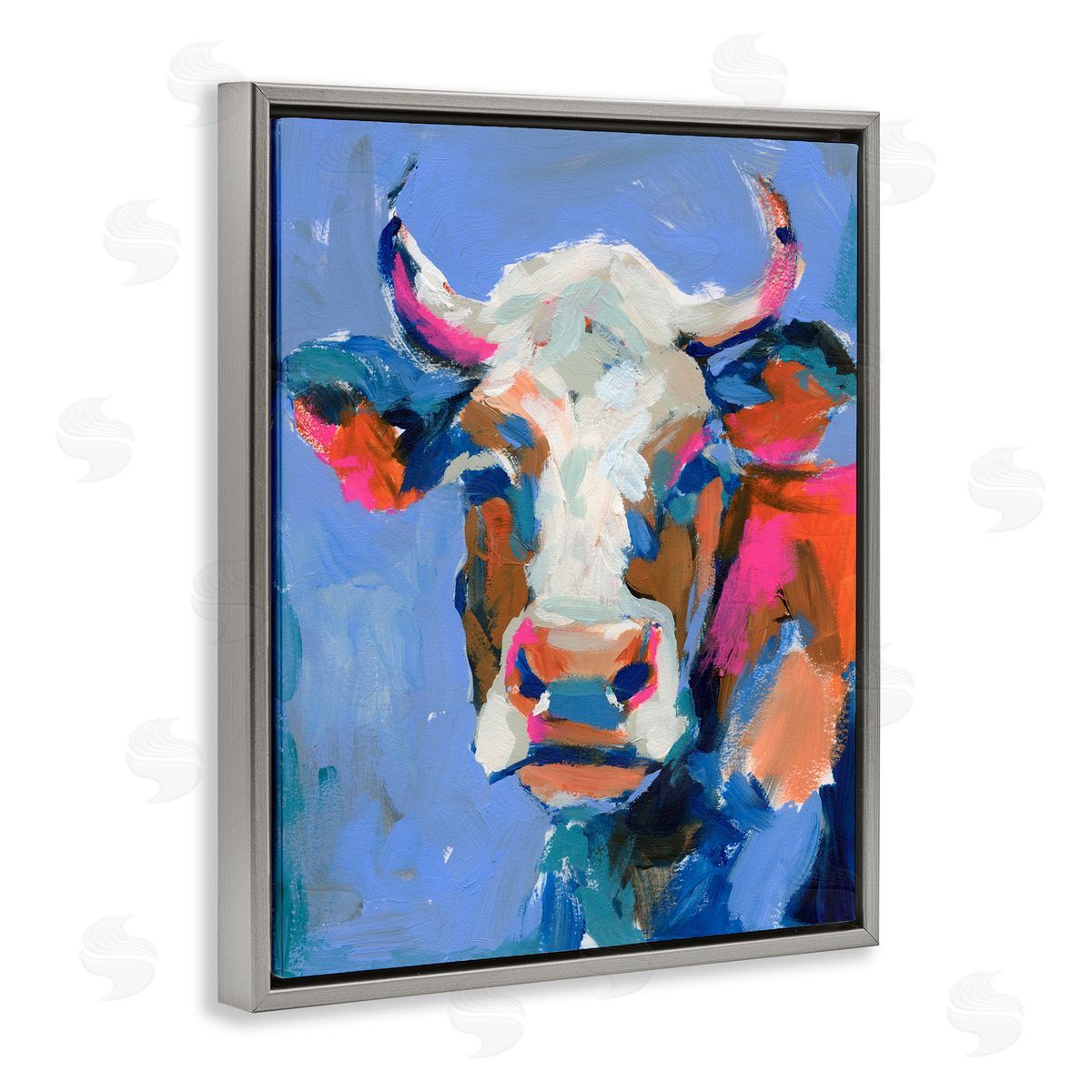 Painterly Cow Portrait Grey Floating Frame Canvas Wall Art, Home Decor by Victoria Barnes