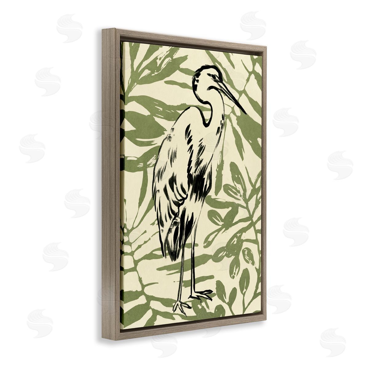 Heron and Leaf Pattern Brown Floating Frame Canvas Wall Art, Home Decor by June Erica Vess