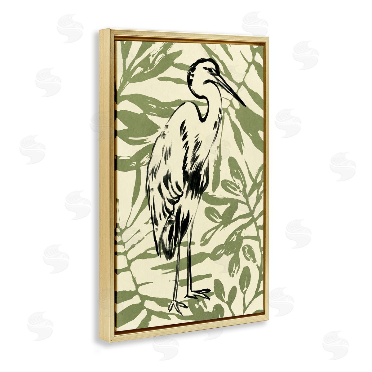 Heron and Leaf Pattern Gold Floating Frame Canvas Wall Art, Home Decor by June Erica Vess