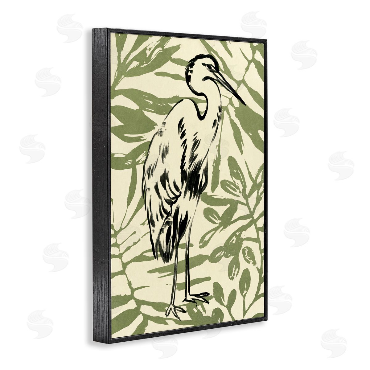 Heron and Leaf Pattern Black Frame Print Wall Art, Home Decor by June Erica Vess