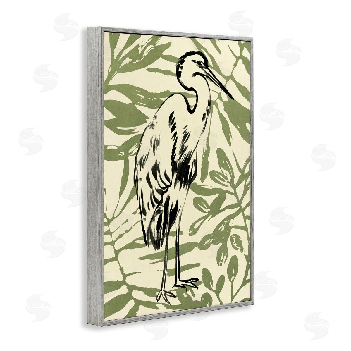 Heron and Leaf Pattern Grey Frame Print Wall Art, Home Decor by June Erica Vess