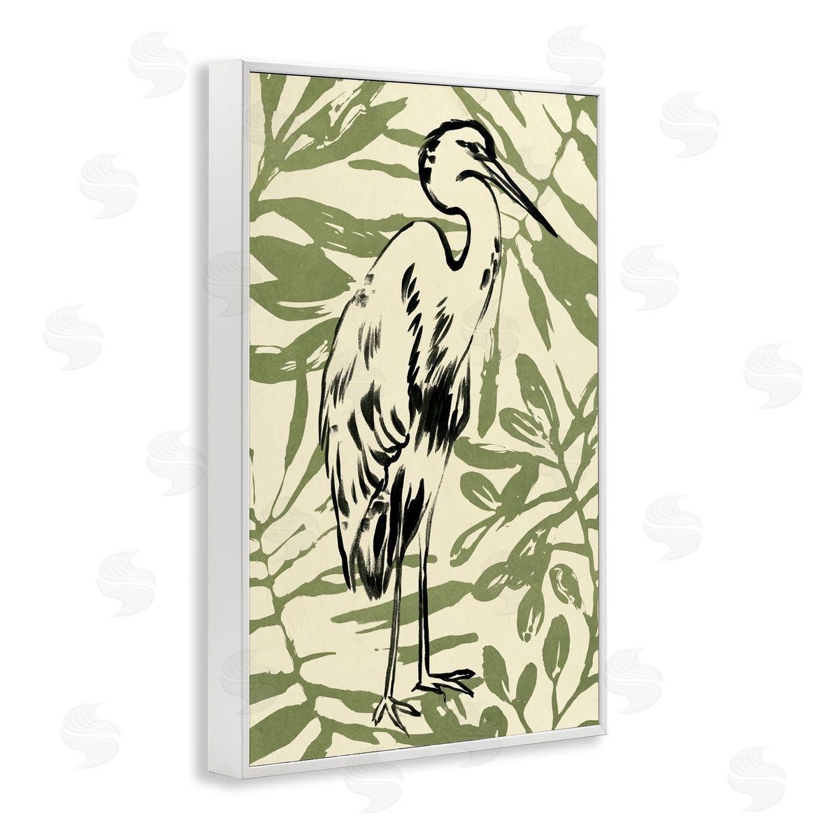 Heron and Leaf Pattern White Frame Print Wall Art, Home Decor by June Erica Vess