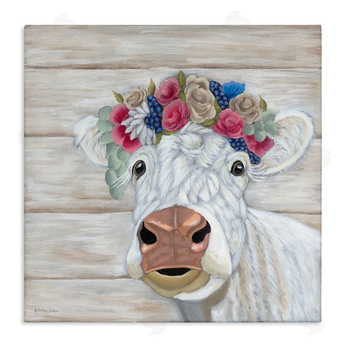 Rustic Cow Flower Crown Canvas Wall Art, Home Decor by Ashley Justice