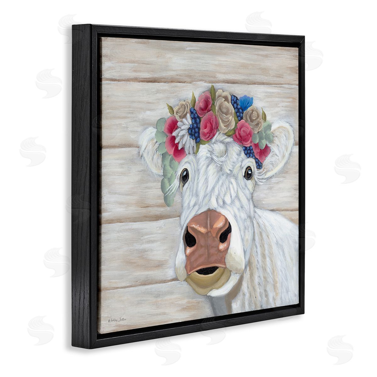 Rustic Cow Flower Crown Black Floating Frame Canvas Wall Art, Home Decor by Ashley Justice