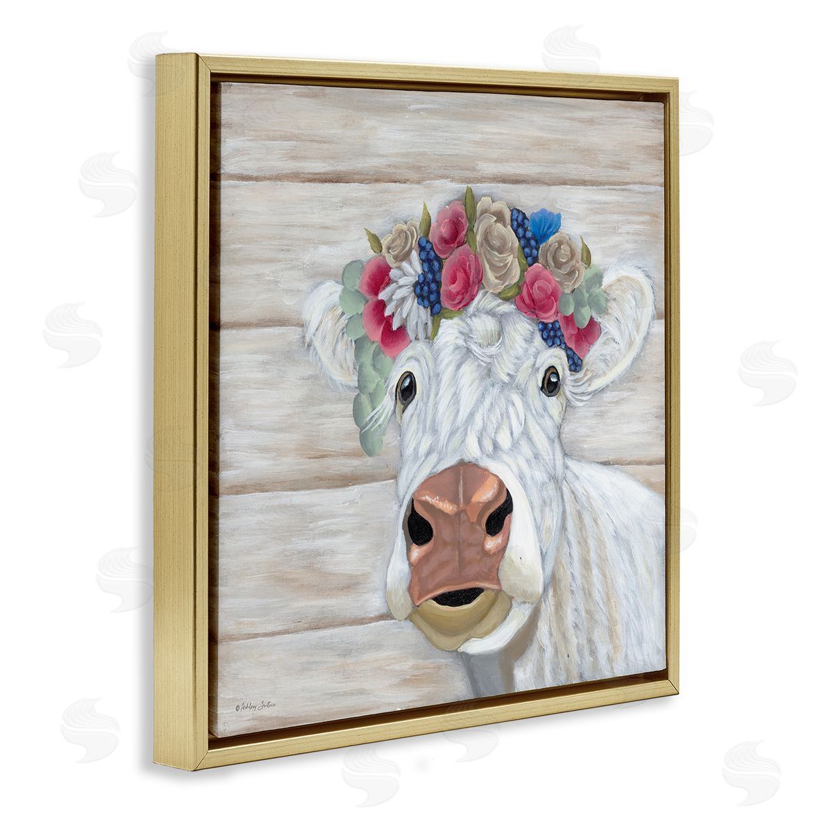 Rustic Cow Flower Crown Gold Floating Frame Canvas Wall Art, Home Decor by Ashley Justice