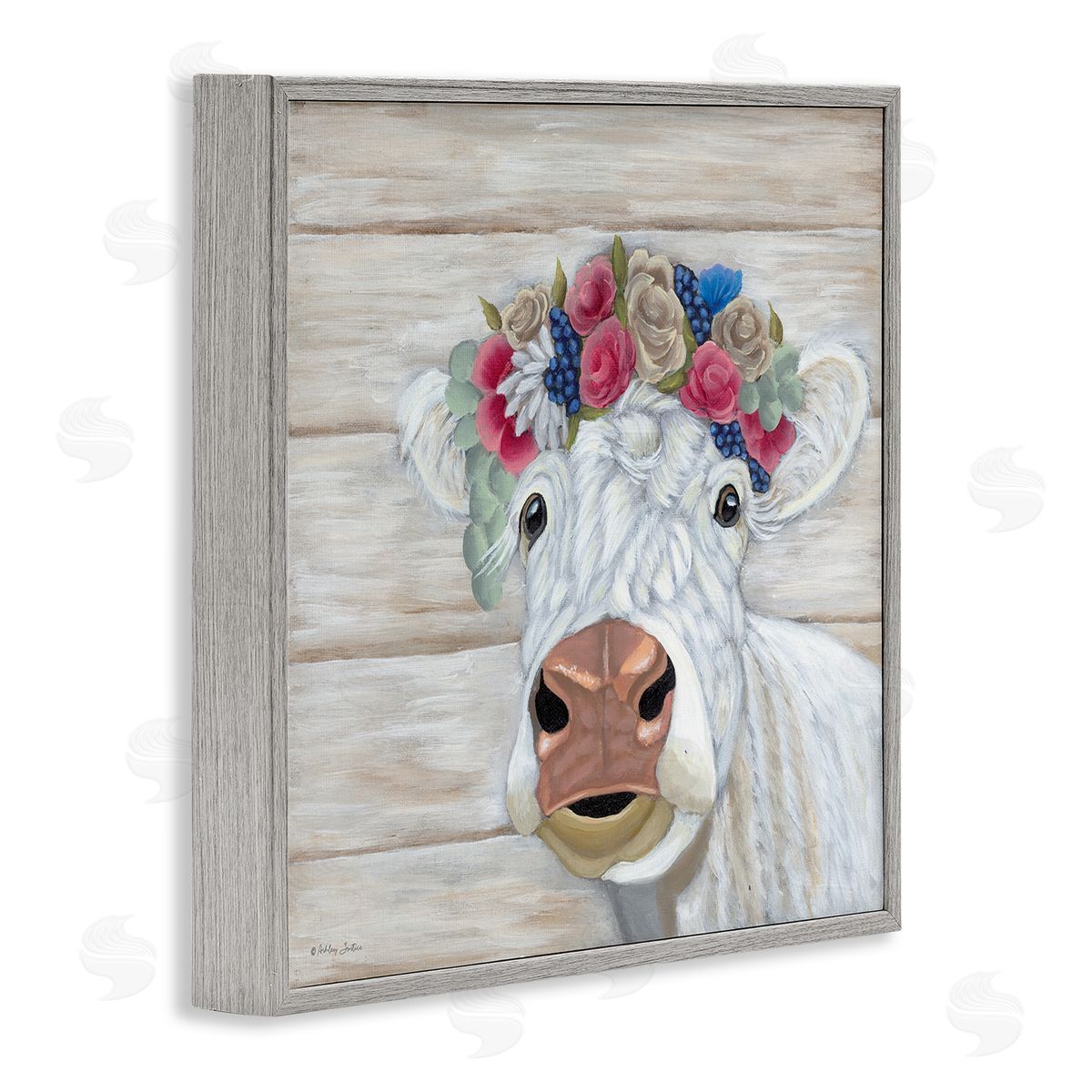 Rustic Cow Flower Crown Grey Frame Print Wall Art, Home Decor by Ashley Justice