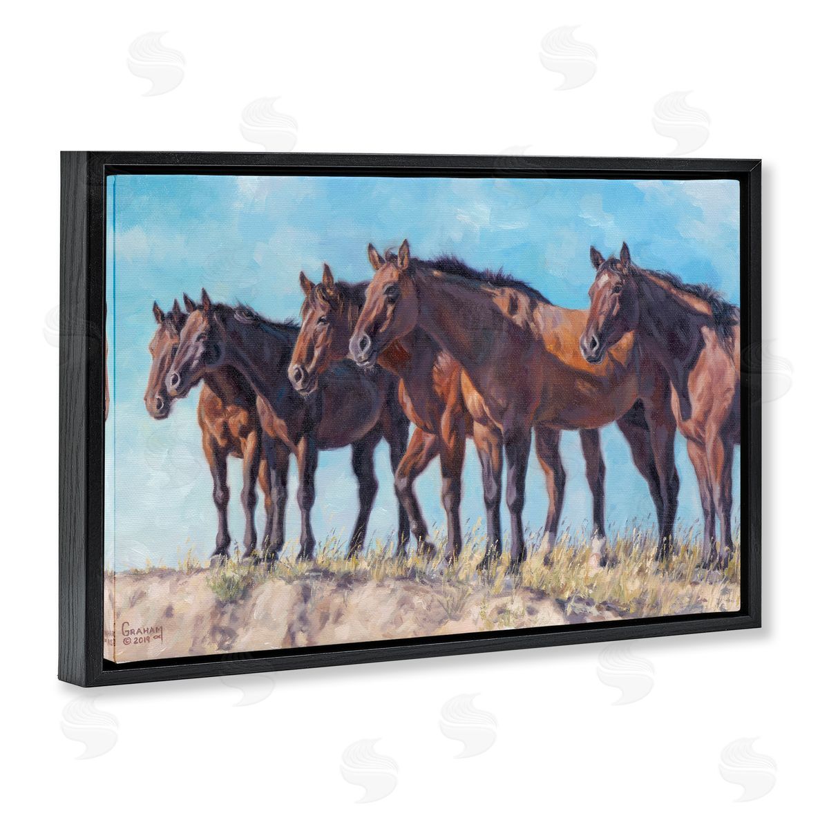 Horse Herd Overlooking Desert Black Floating Frame Canvas Wall Art, Home Decor by David Graham