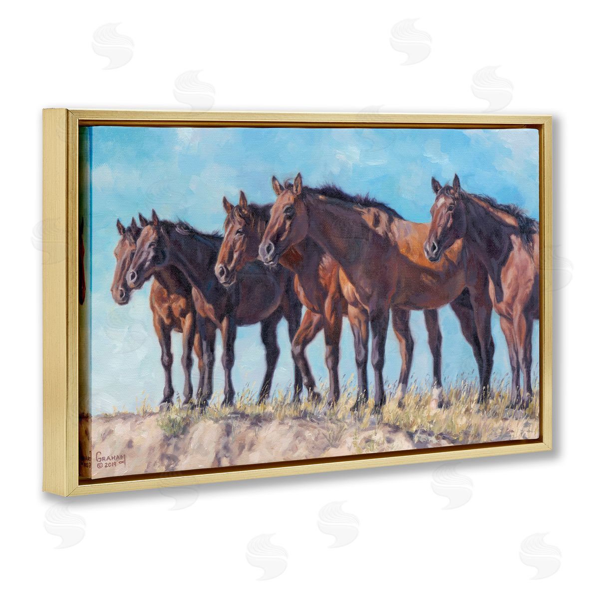 Horse Herd Overlooking Desert Gold Floating Frame Canvas Wall Art, Home Decor by David Graham