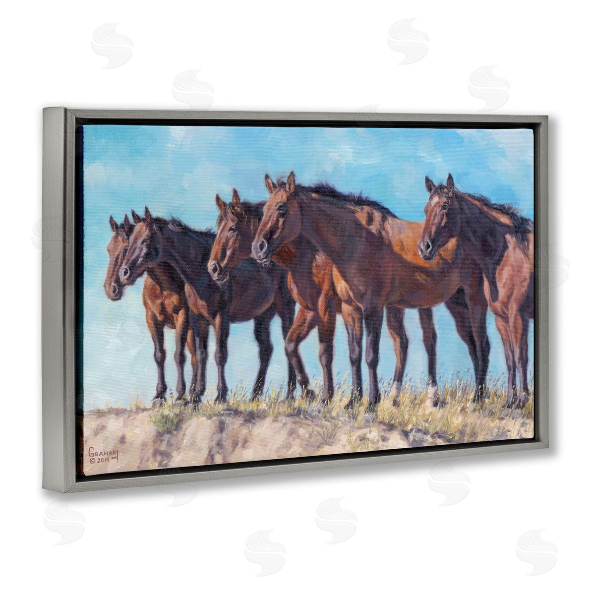 Horse Herd Overlooking Desert Grey Floating Frame Canvas Wall Art, Home Decor by David Graham