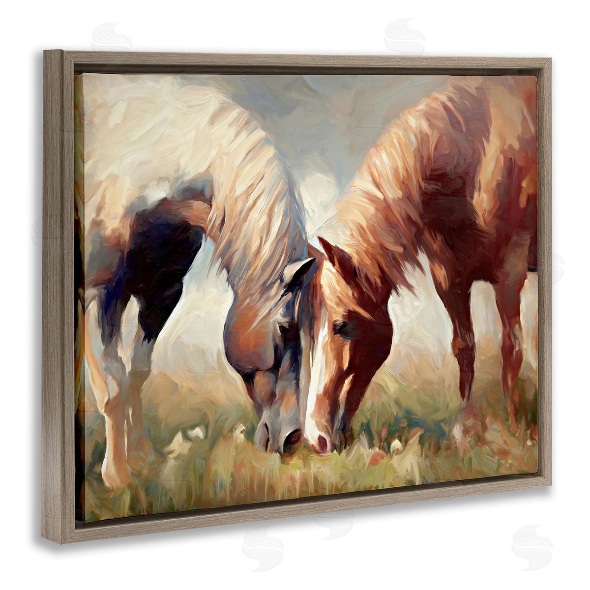 Horses Touching Noses Brown Floating Frame Canvas Wall Art, Home Decor by Ramona Murdock