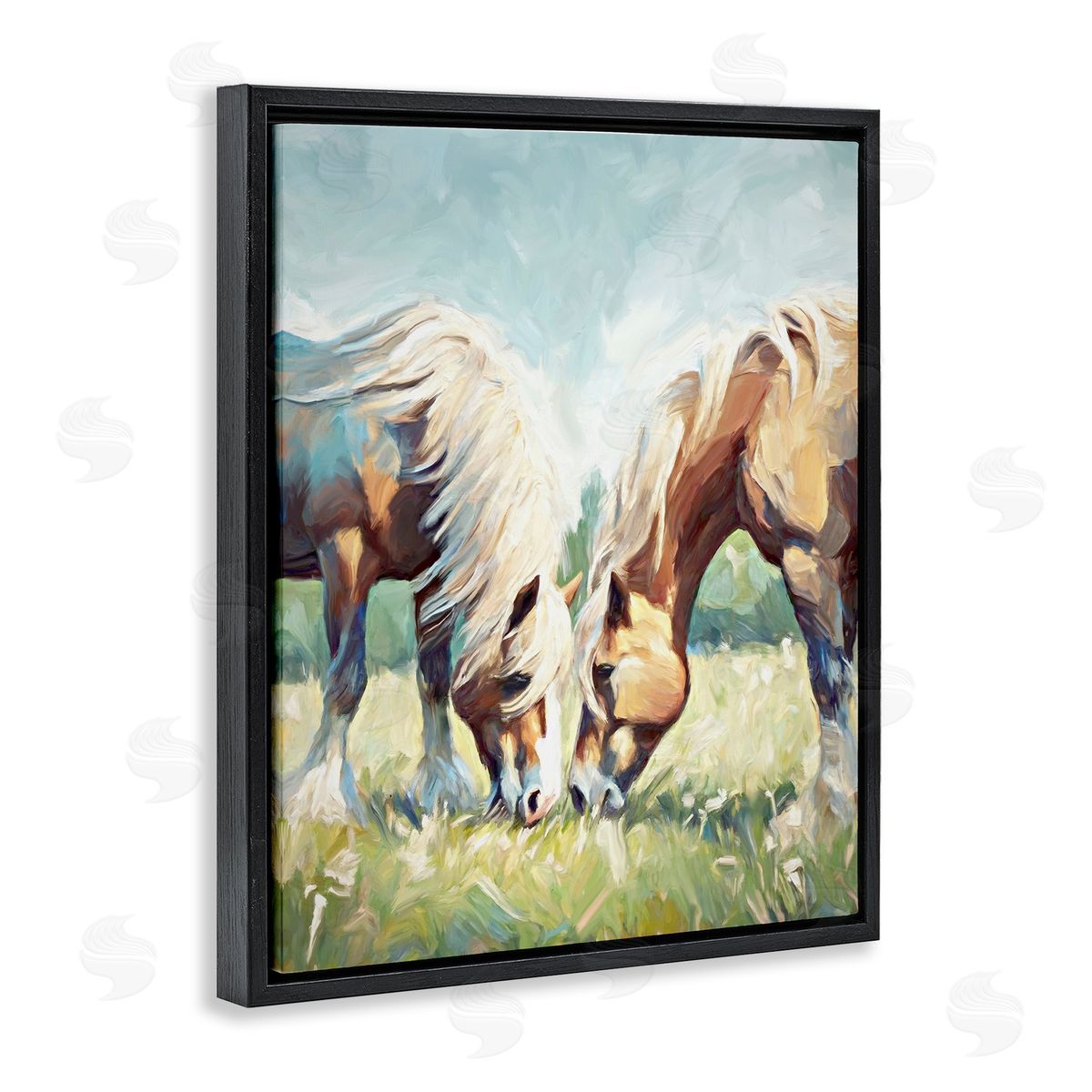 Horses Grazing Together Black Floating Frame Canvas Wall Art, Home Decor by Ramona Murdock