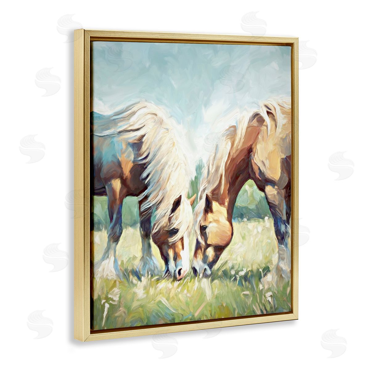 Horses Grazing Together Gold Floating Frame Canvas Wall Art, Home Decor by Ramona Murdock