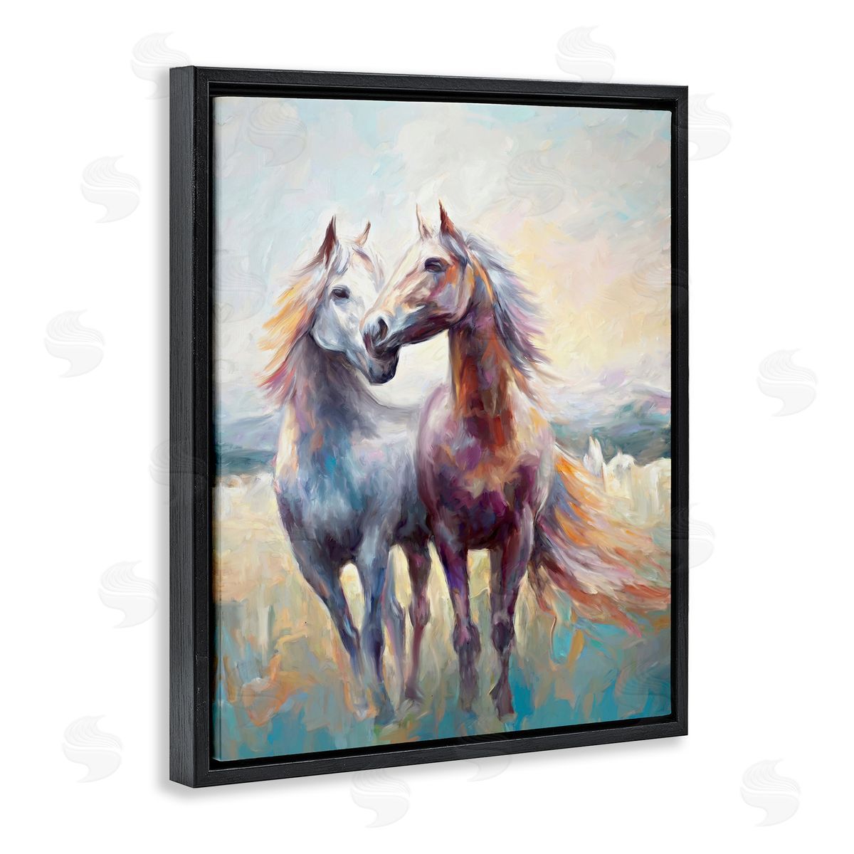 Galloping Horse Pair Black Floating Frame Canvas Wall Art, Home Decor by Ramona Murdock