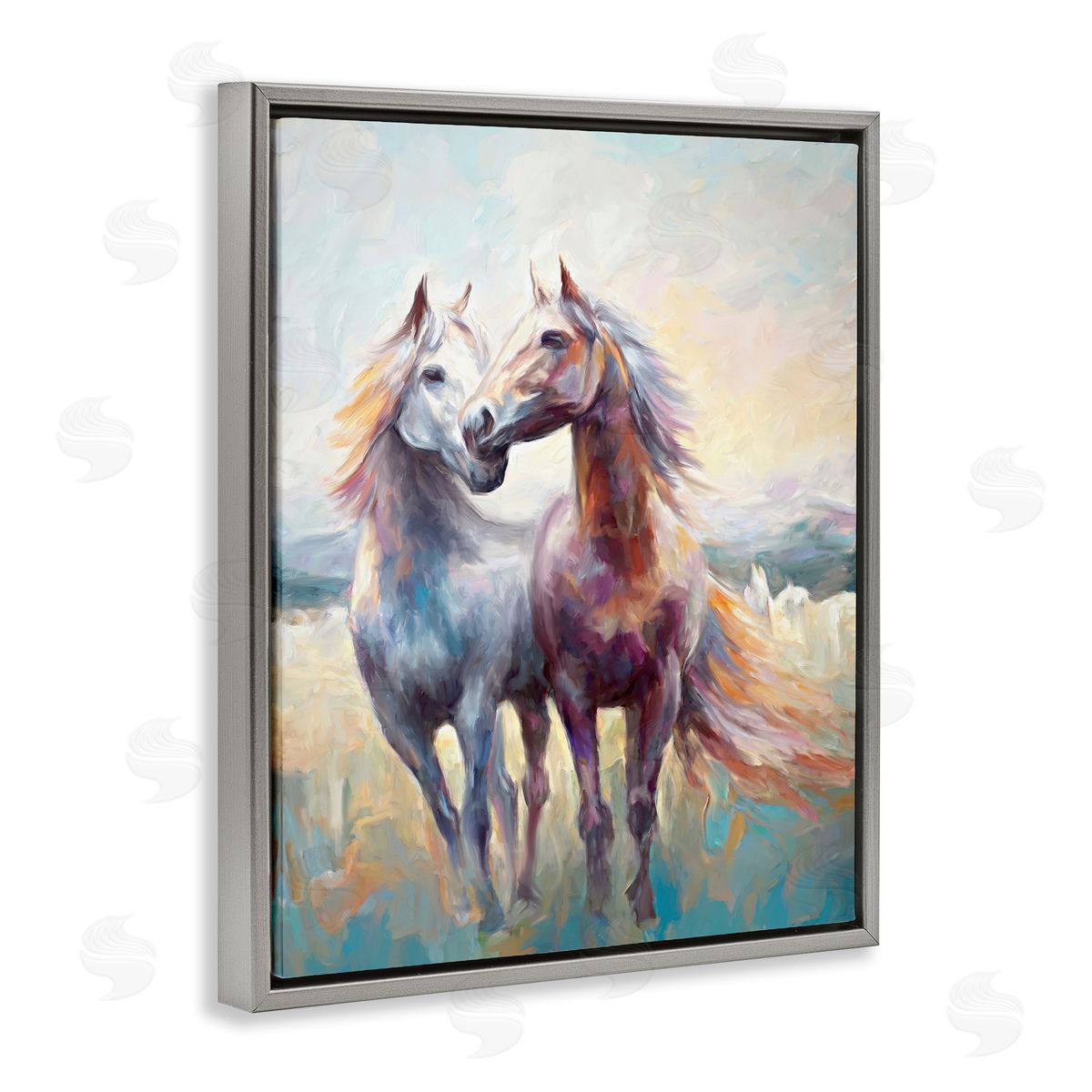 Galloping Horse Pair Grey Floating Frame Canvas Wall Art, Home Decor by Ramona Murdock