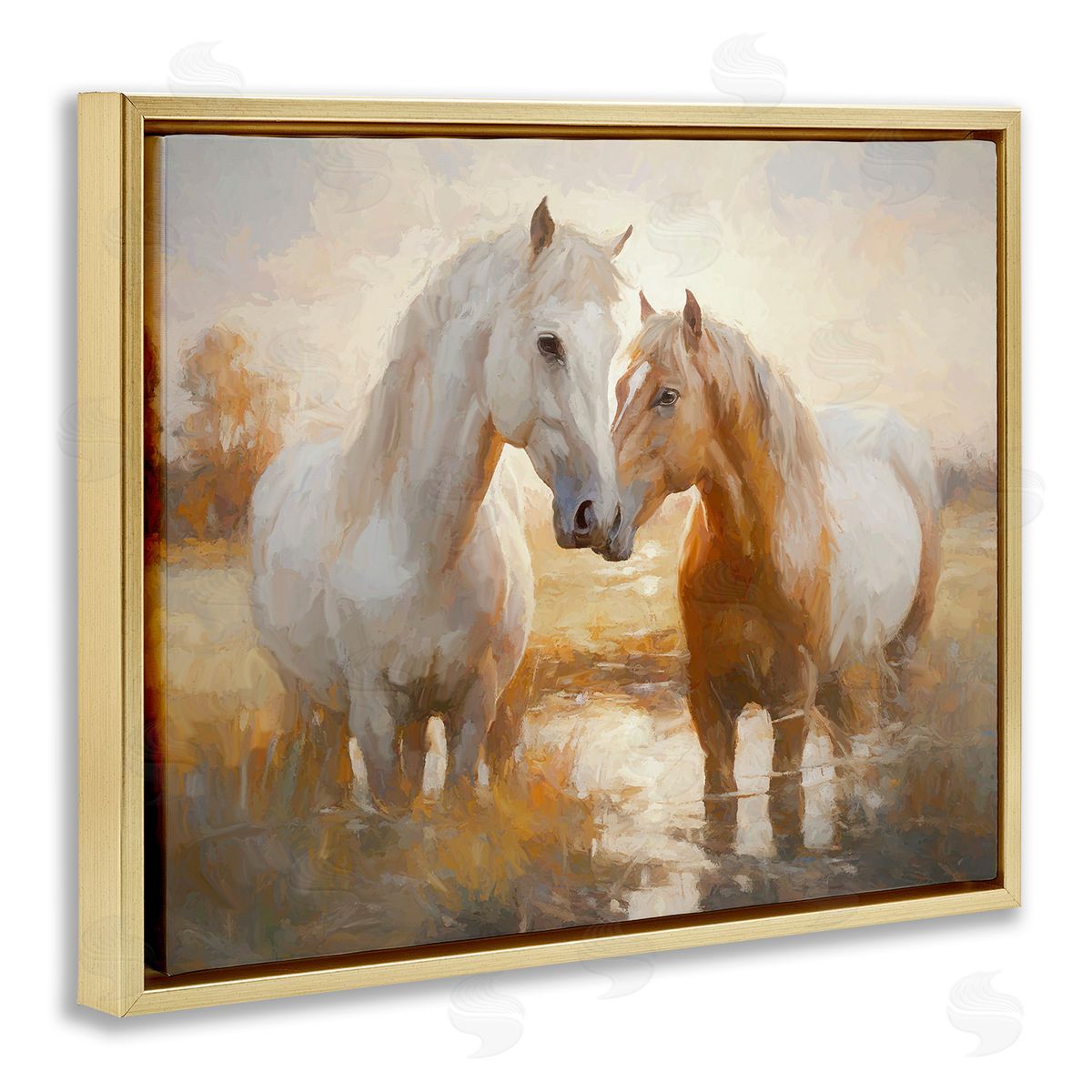 Horse Pair in River Gold Floating Frame Canvas Wall Art, Home Decor by Ramona Murdock