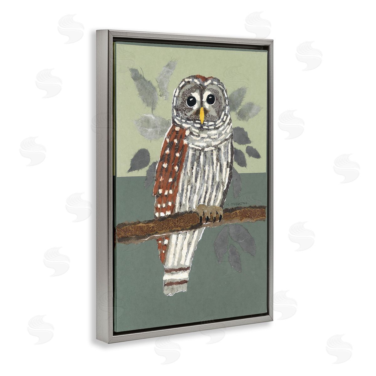 Owl Perched Tree Branch Grey Floating Frame Canvas Wall Art, Home Decor by Nancy Overton