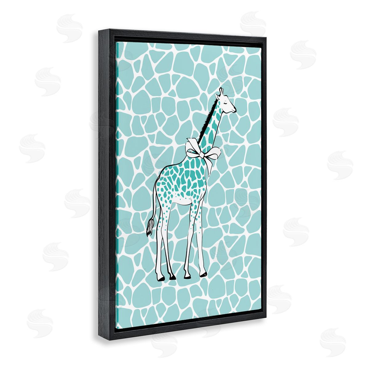 Blue Patterned Glam Giraffe Black Floating Frame Canvas Wall Art, Home Decor by Martina Pavlova