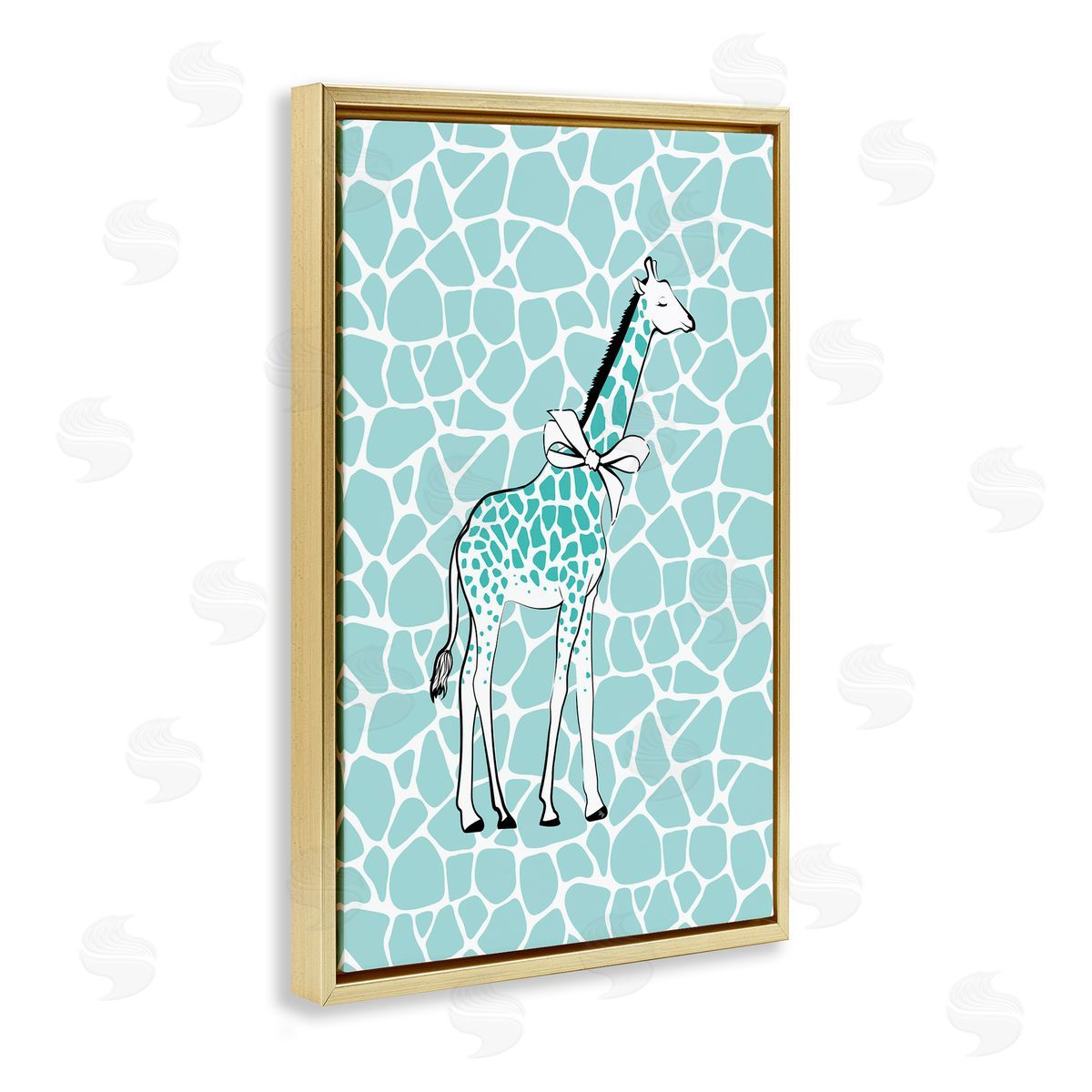 Blue Patterned Glam Giraffe Gold Floating Frame Canvas Wall Art, Home Decor by Martina Pavlova
