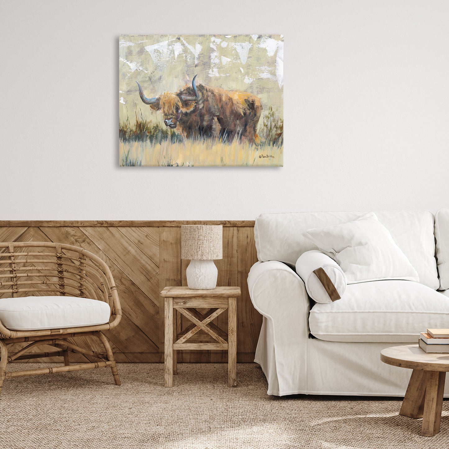 Rustic Patterned Longhorn Canvas Wall Art in Room, Home Decor by Pam Britton