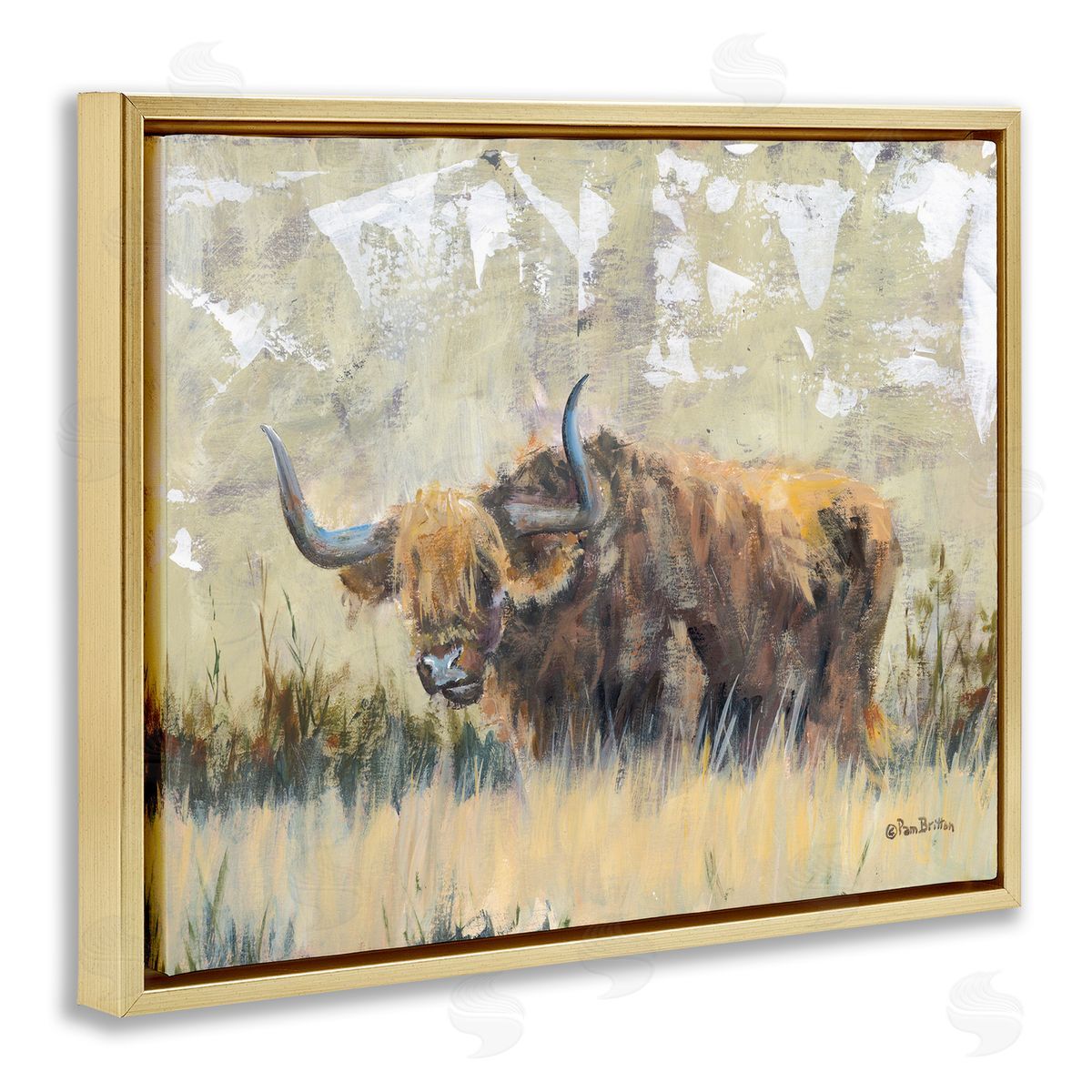 Rustic Patterned Longhorn Gold Floating Frame Canvas Wall Art, Home Decor by Pam Britton