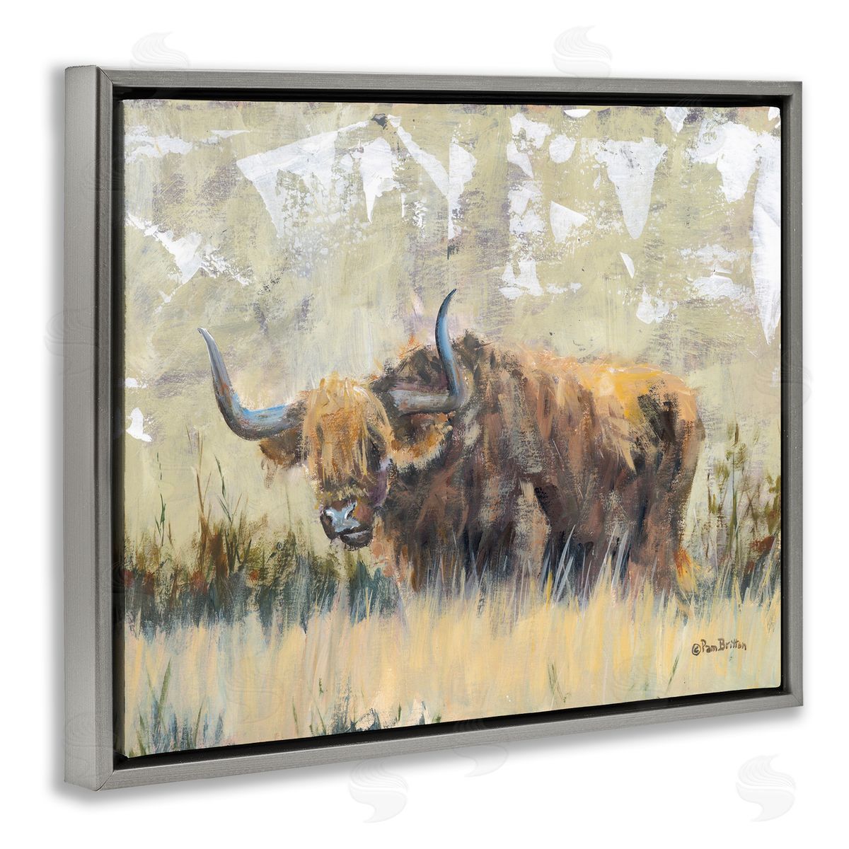 Rustic Patterned Longhorn Grey Floating Frame Canvas Wall Art, Home Decor by Pam Britton