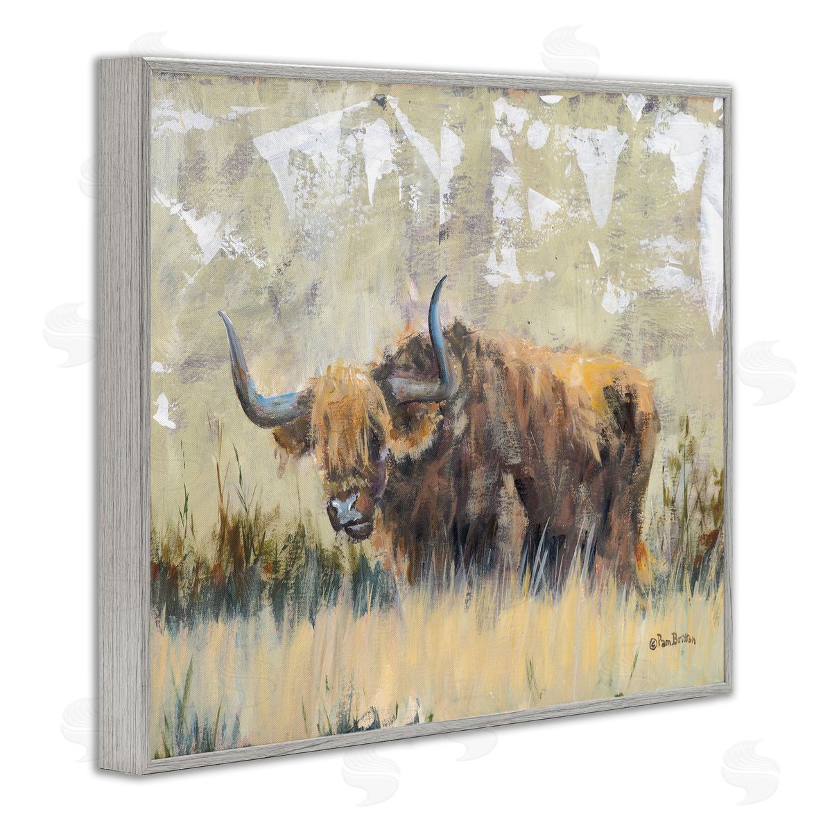 Rustic Patterned Longhorn Grey Frame Print Wall Art, Home Decor by Pam Britton
