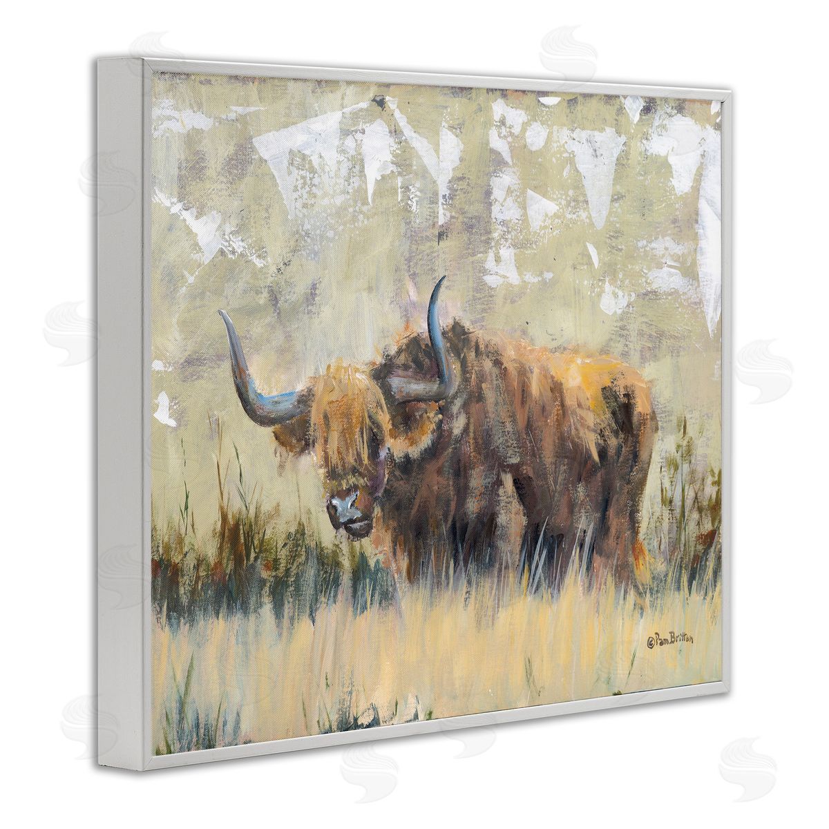 Rustic Patterned Longhorn White Frame Print Wall Art, Home Decor by Pam Britton