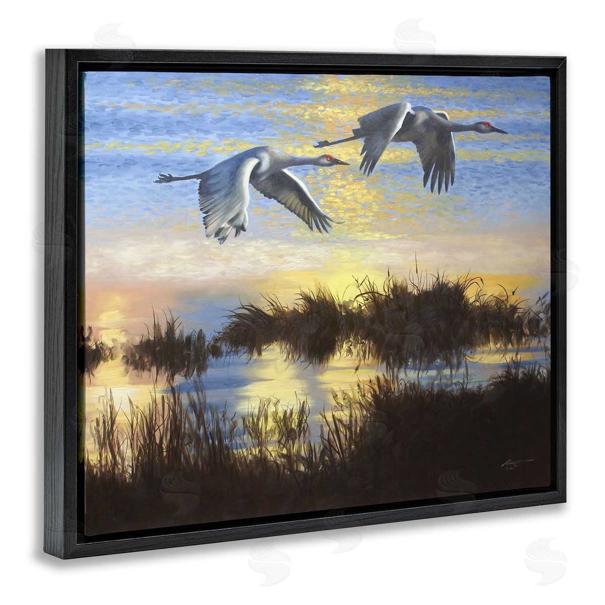 Two Cranes Over Lake Black Floating Frame Canvas Wall Art, Home Decor by D. Rust
