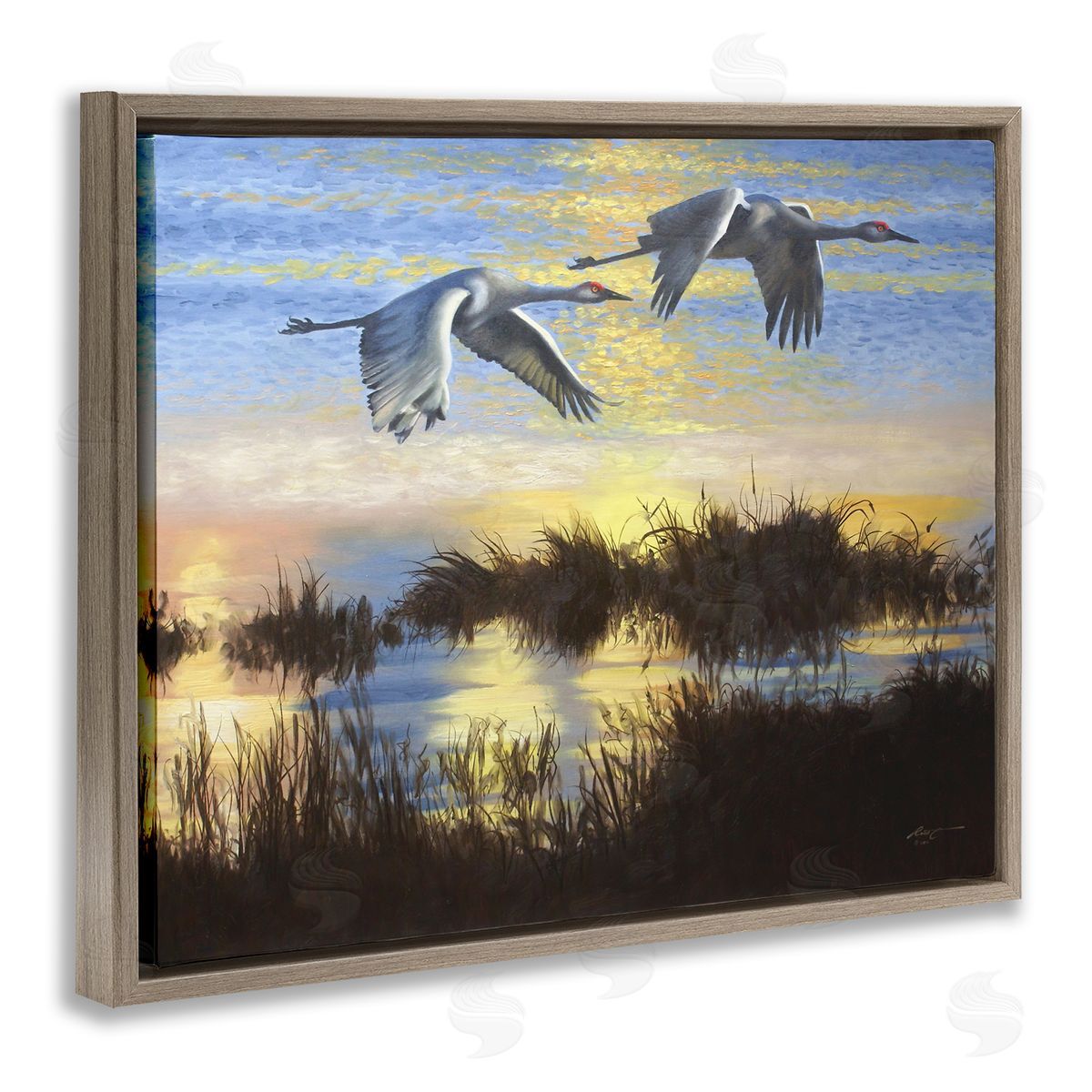 Two Cranes Over Lake Brown Floating Frame Canvas Wall Art, Home Decor by D. Rust