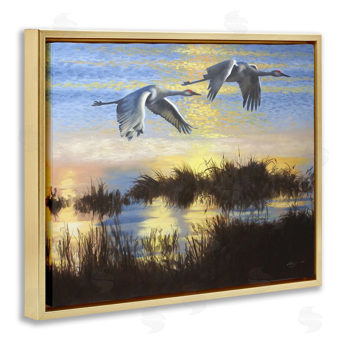 Two Cranes Over Lake Gold Floating Frame Canvas Wall Art, Home Decor by D. Rust