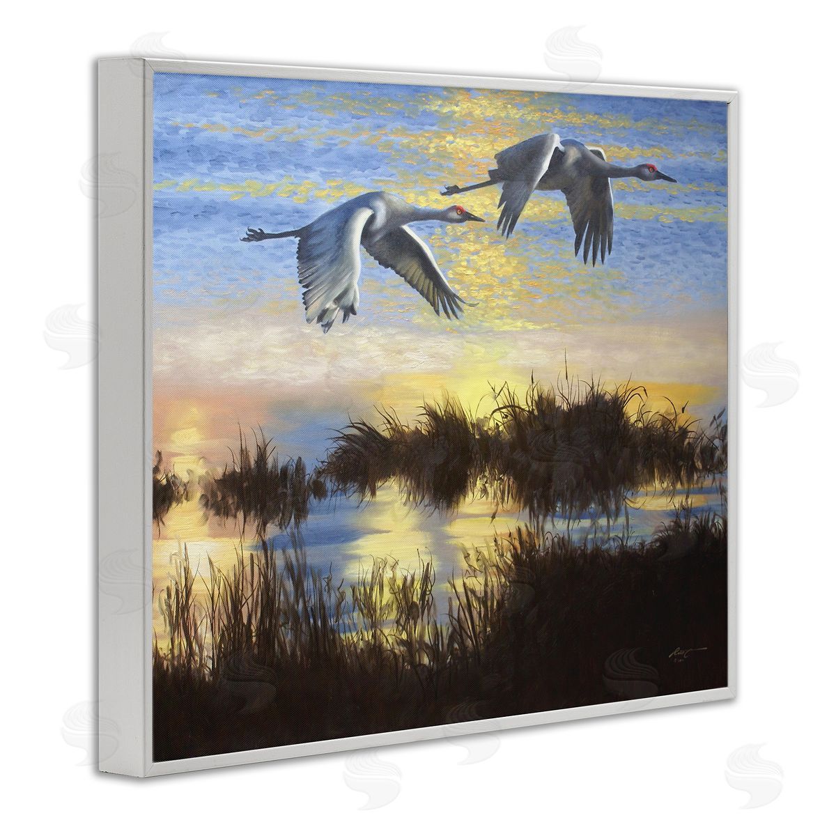 Two Cranes Over Lake White Frame Print Wall Art, Home Decor by D. Rust