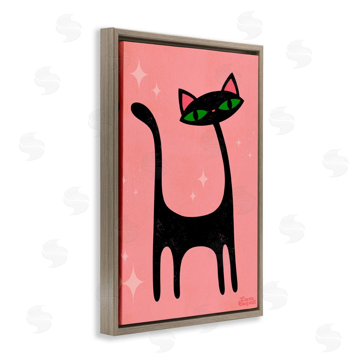 Retro Black Cat Brown Floating Frame Canvas Wall Art, Home Decor by Carrie Cantwell