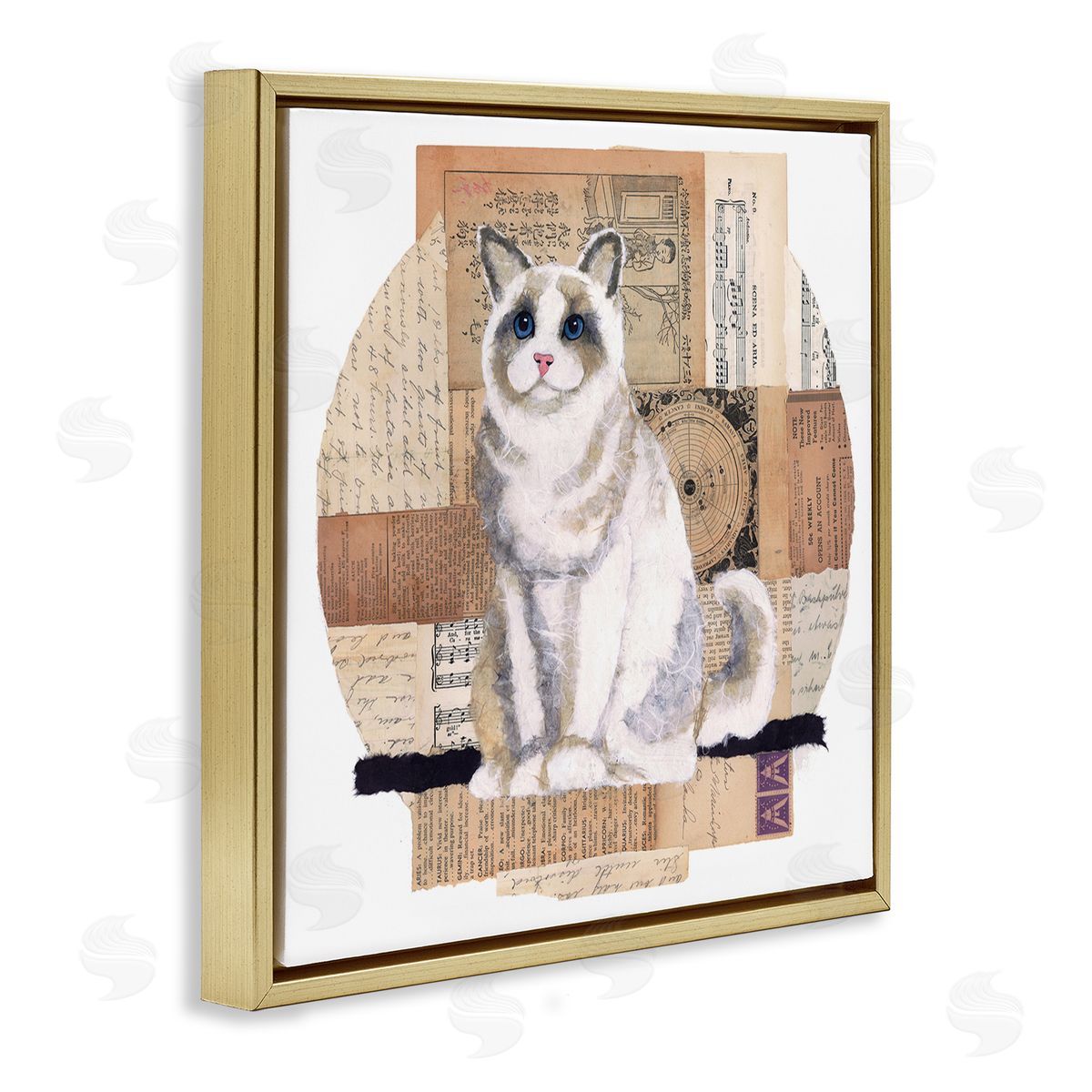 Vintage Collage Cat Gold Floating Frame Canvas Wall Art, Home Decor by Nancy Overton