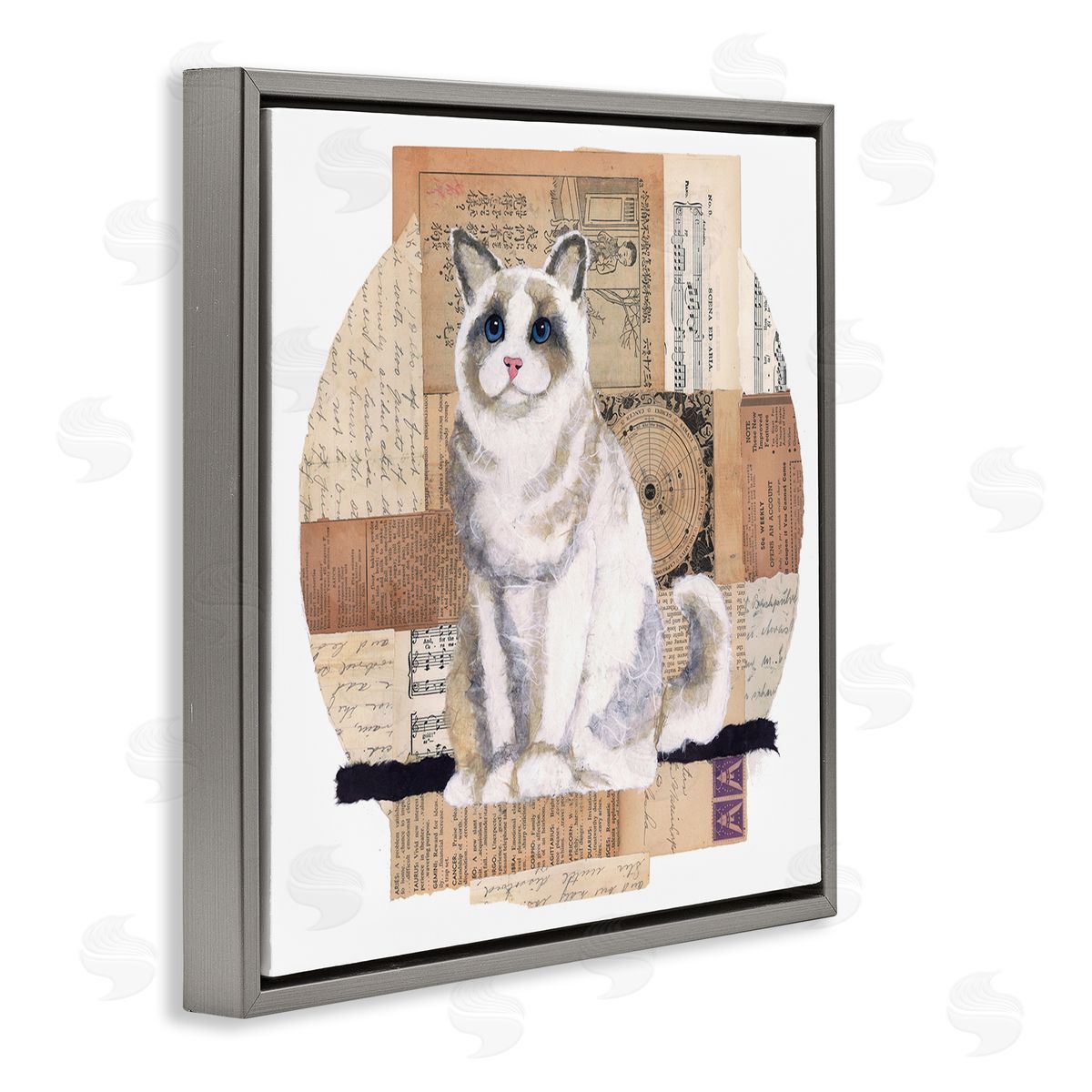 Vintage Collage Cat Grey Floating Frame Canvas Wall Art, Home Decor by Nancy Overton